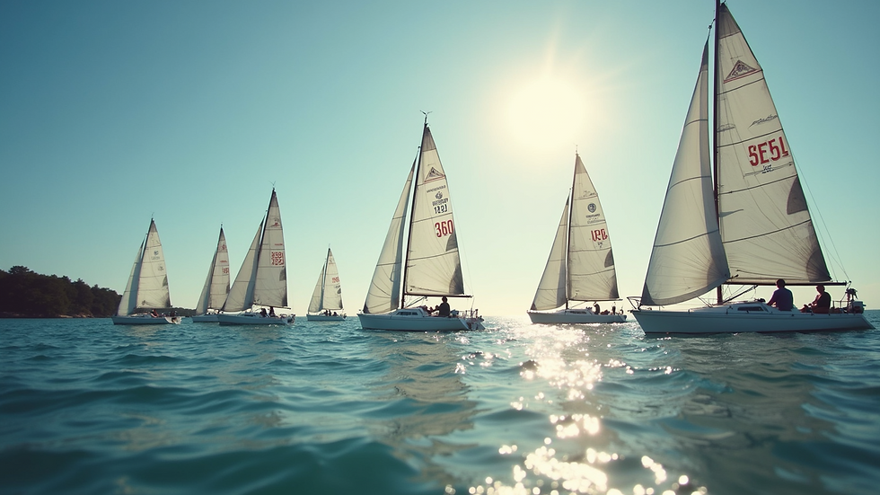 Eye-level view of a diverse group of sailors enjoying a sunny day on the water