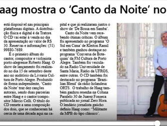 Roberto Haag e seu show do álbum 'Canto da Noite' em destaque no Jornal Folha de Cachoeirinh