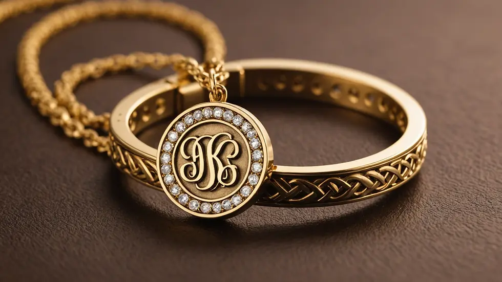 Close-up of customized jewelry with engraved initials