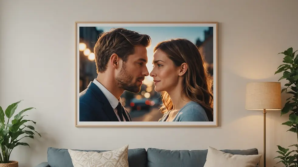 Eye-level view of a custom couple's illustration hanging on a wall