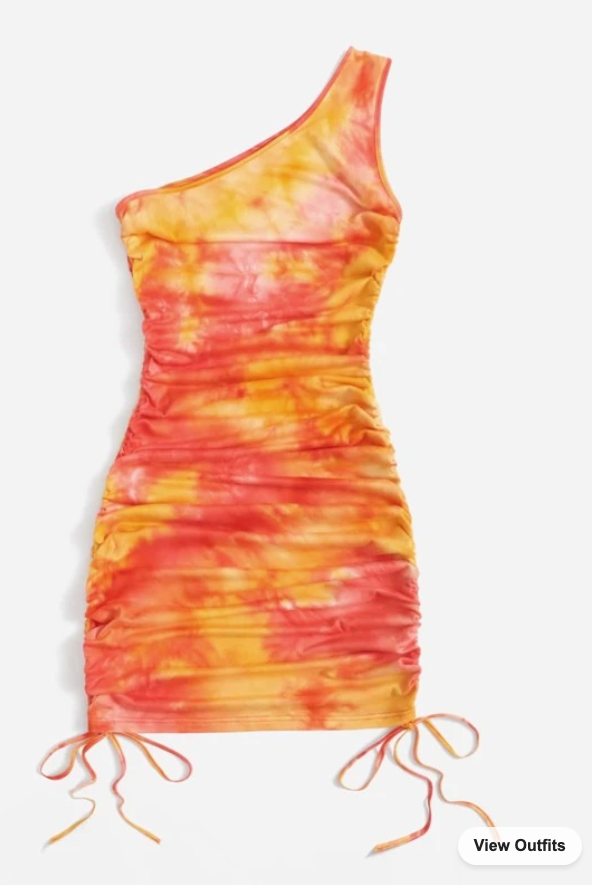 VCAY One Shoulder Drawstring Knot Ruched Tie Dye Dress