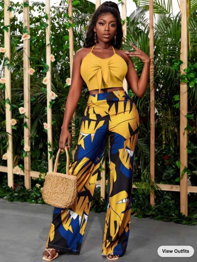 Tie Backless Halter Top & Allover Print Pants