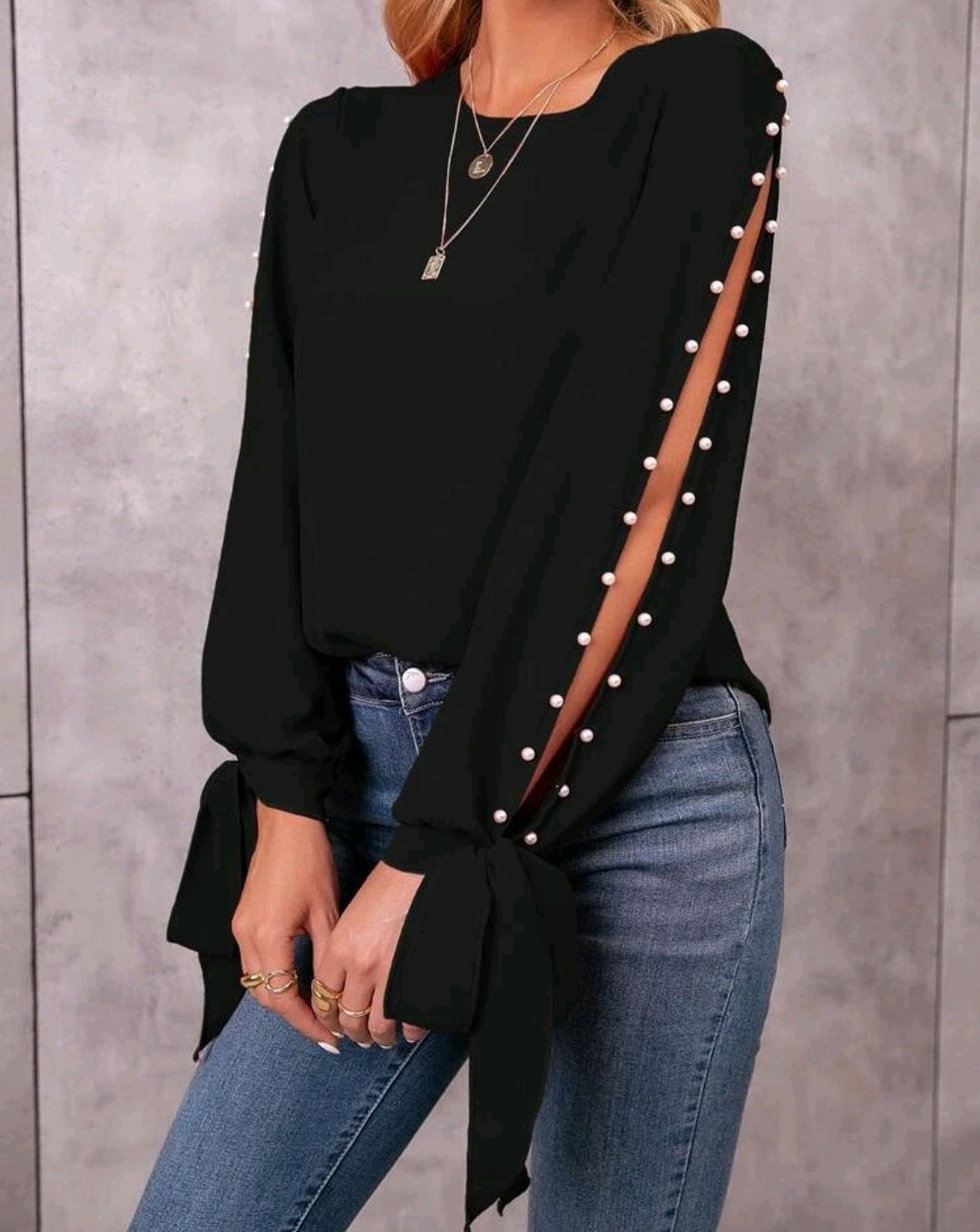 Beaded tie cuff slit sleeve blouse 