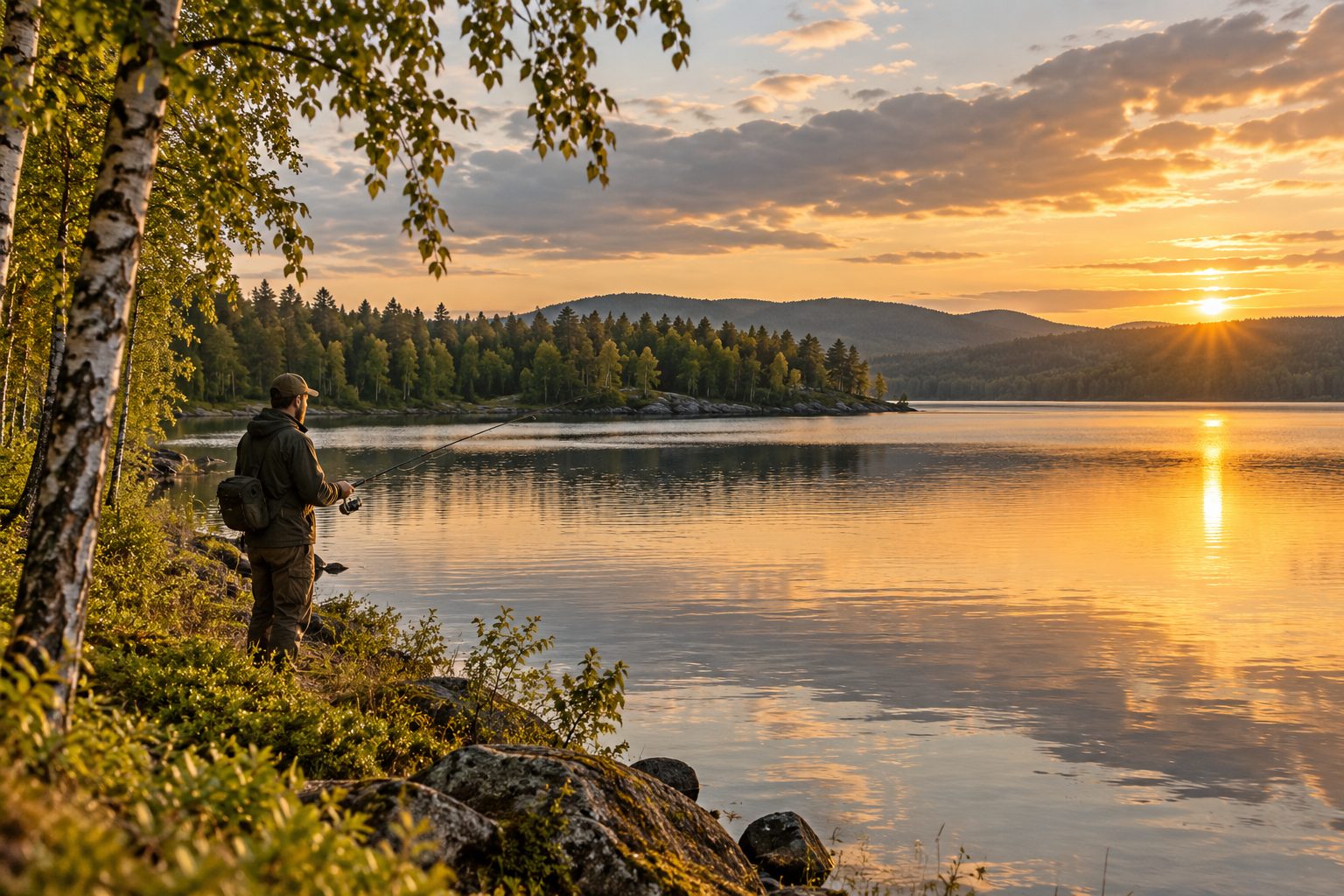Illustration of light fishing from a birch-lined northern lakeshore