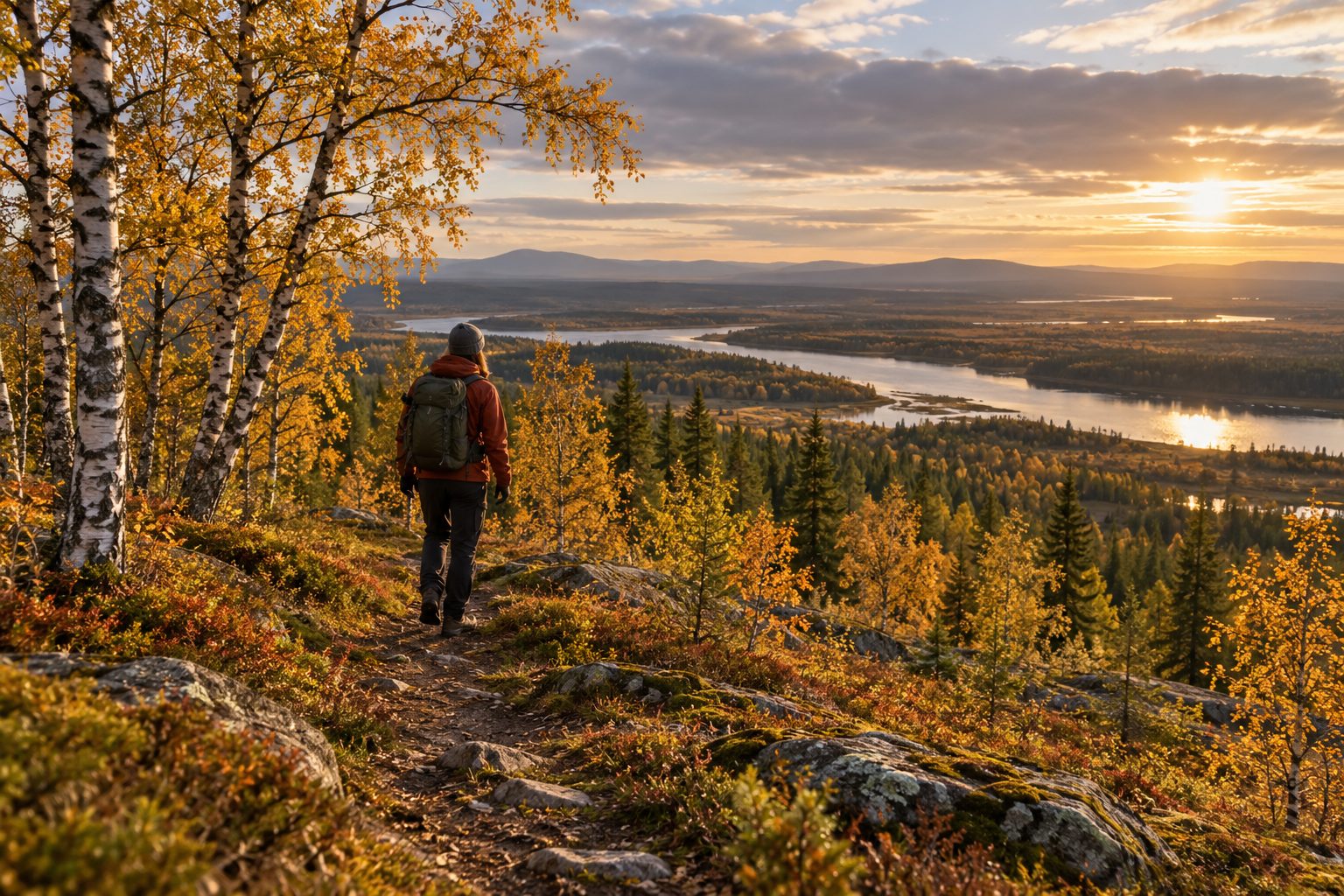 Illustration of a walk to a grassy northern forest hilltop