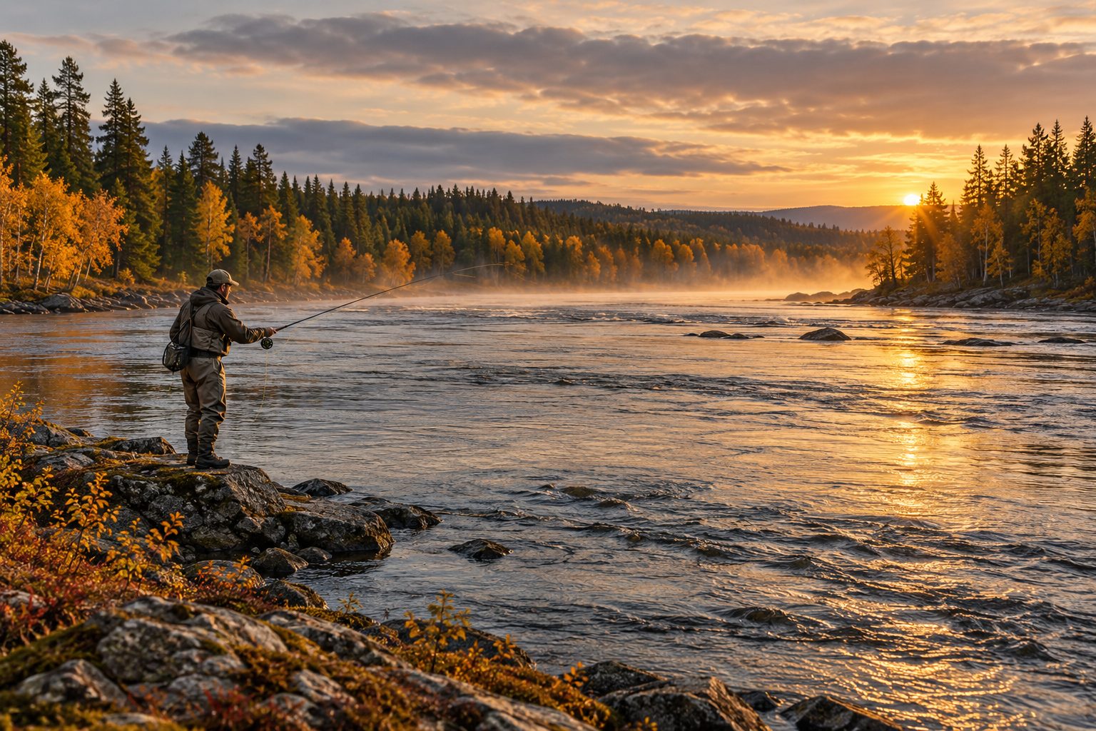 Illustration of big-river fishing in a northern autumn landscape