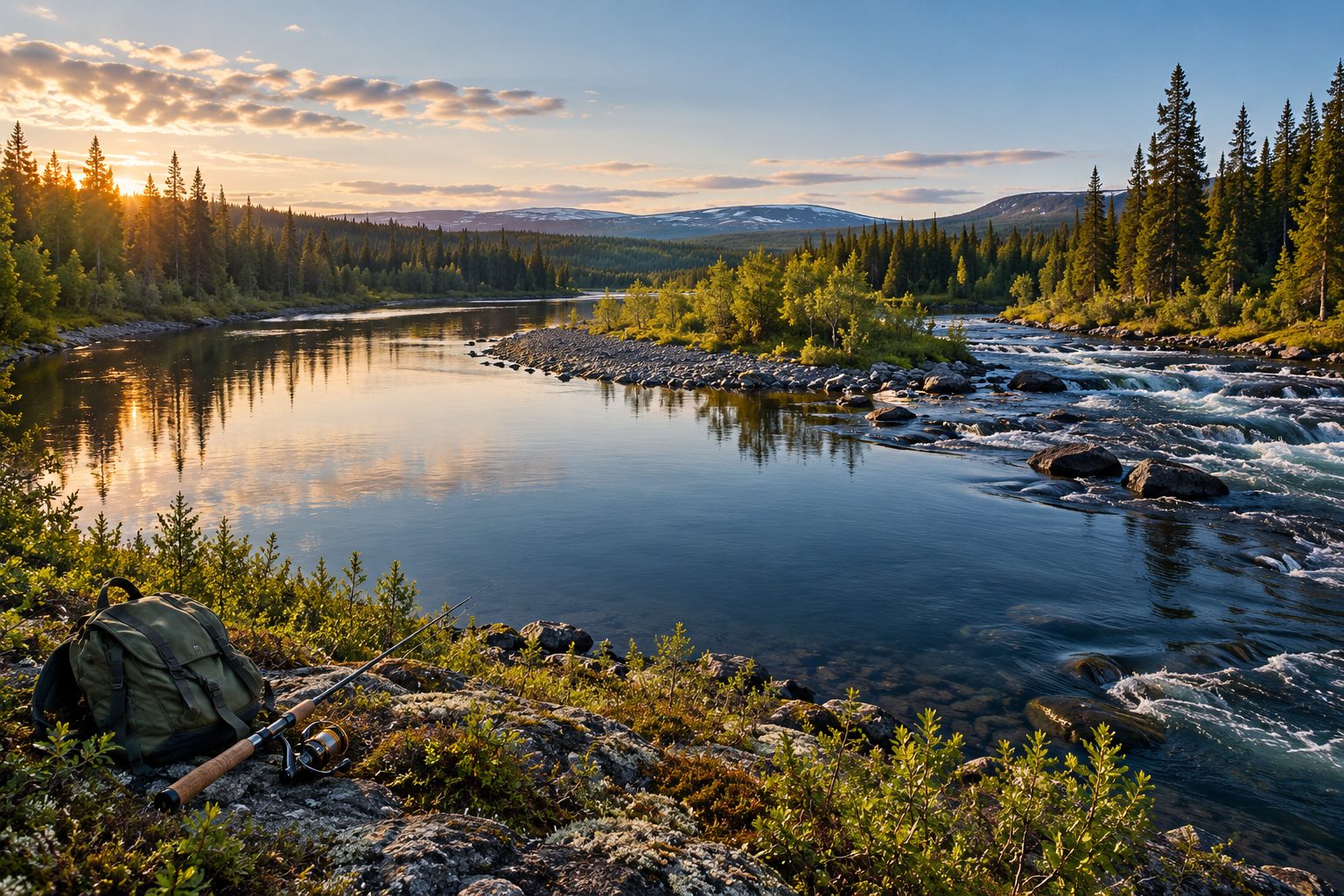 Illustration of a wide northern river with a quiet pool and flowing shallows