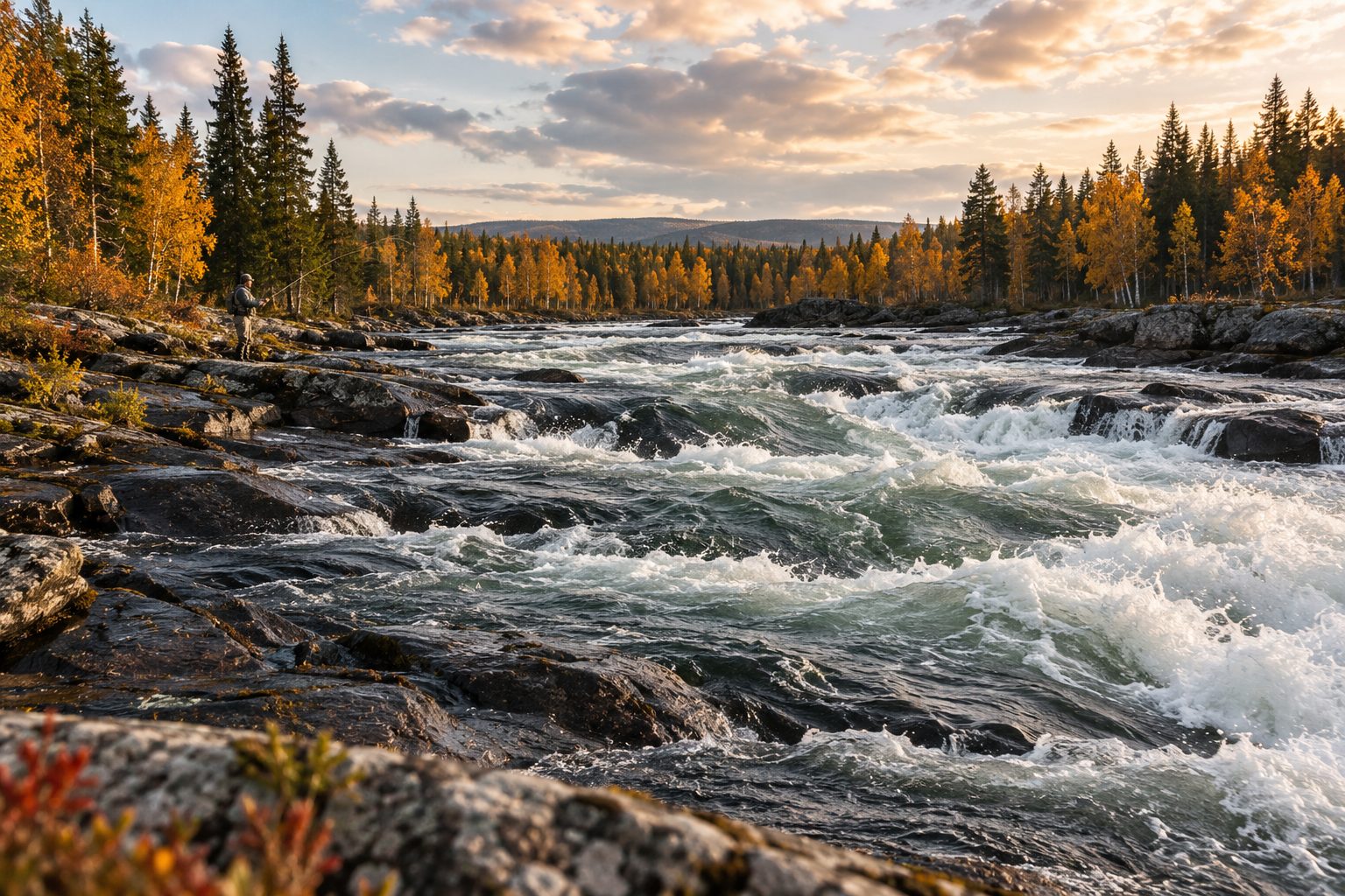 Illustration of fly fishing beside powerful northern river rapids