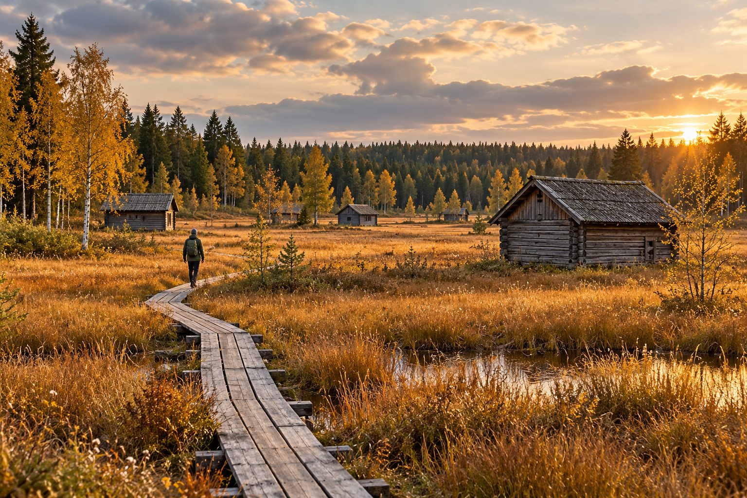 Illustration of a northern haymaking mire with timber barns and a boardwalk