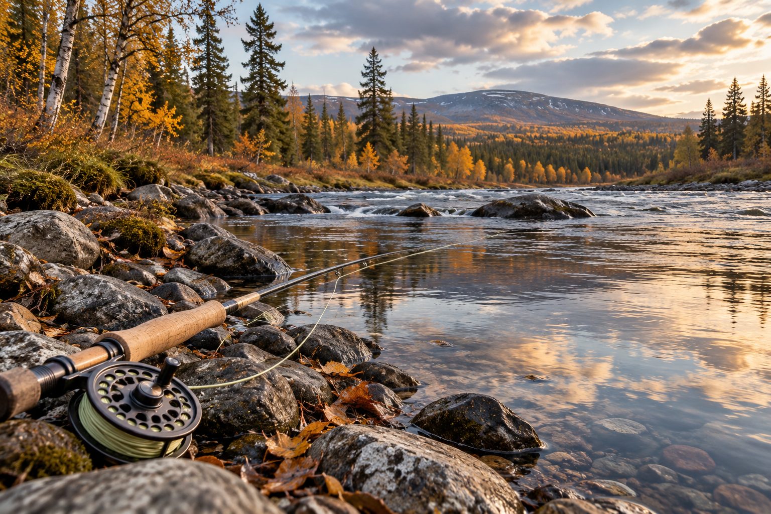 Illustration of light fly tackle beside a clear northern river current