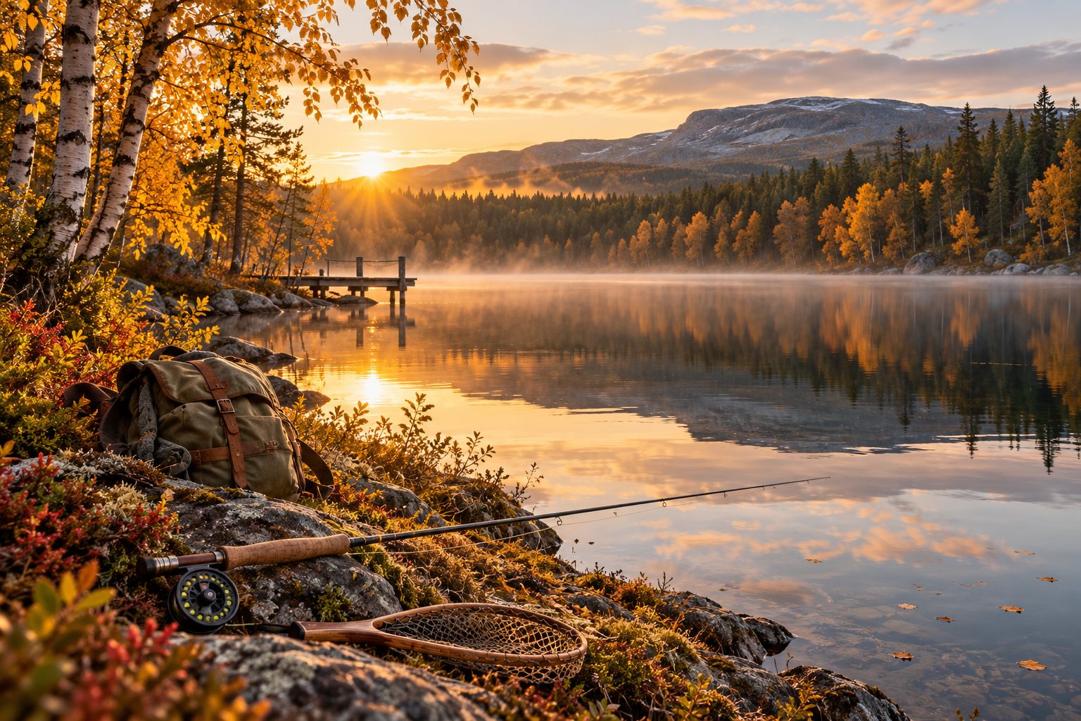 Illustration of a quiet northern fishing lake with autumn birches and a pier