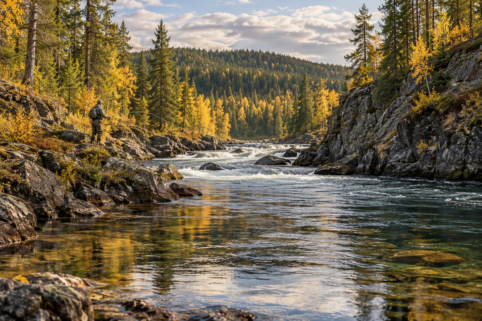 Illustration of fly fishing beside a forest-lined northern river