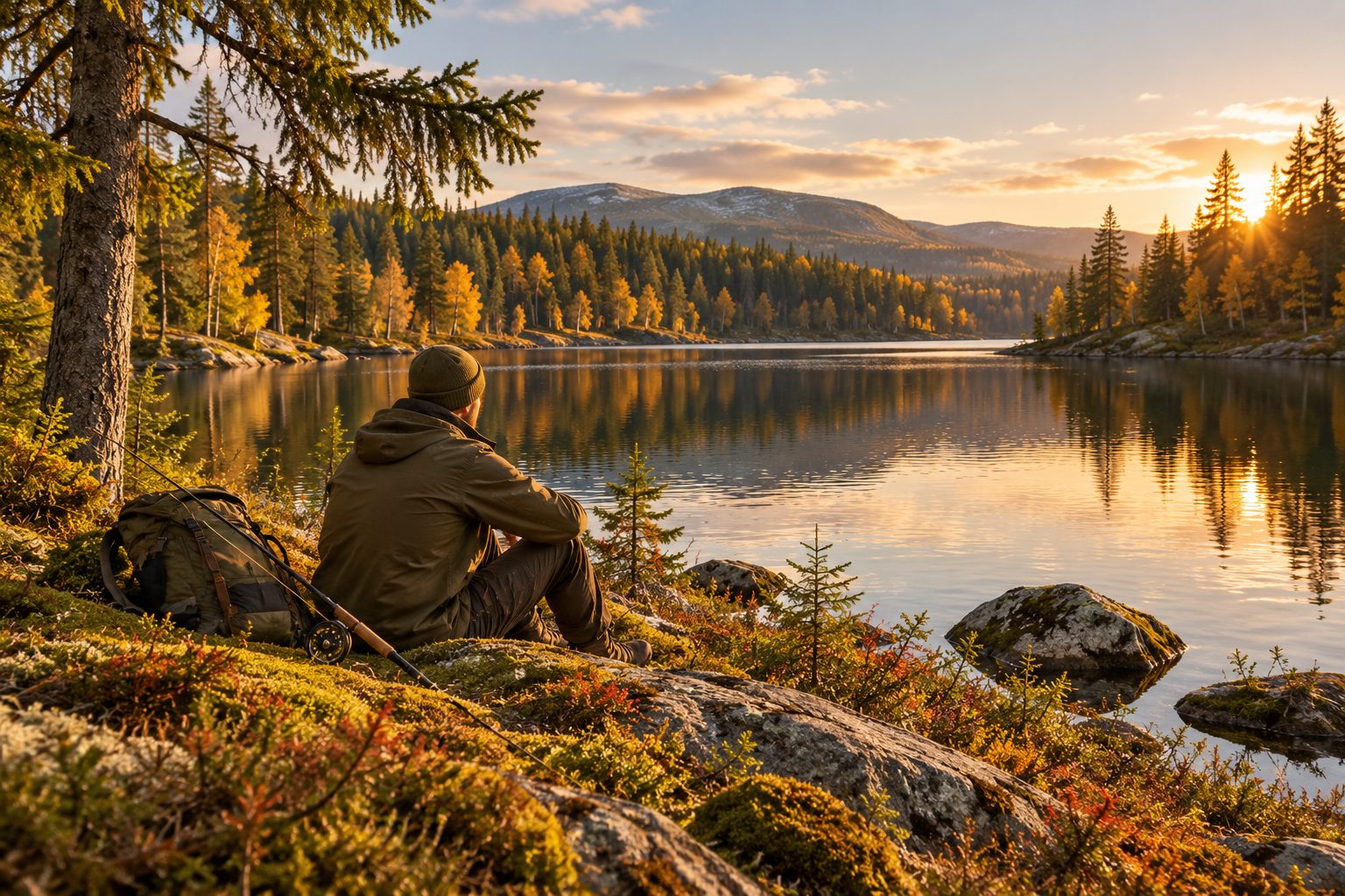 Illustration of a secluded clear forest lake with light fishing tackle