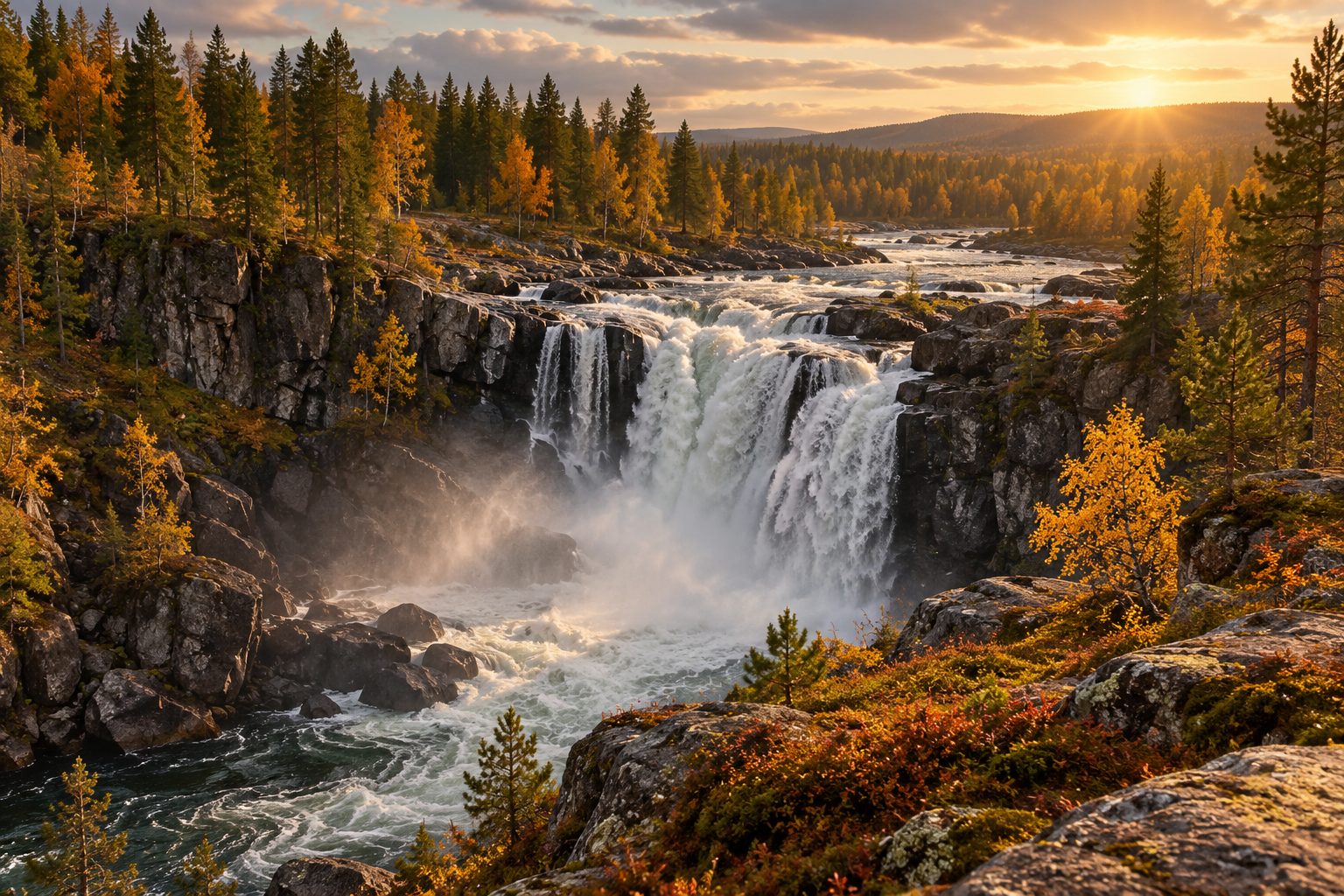 Illustration of a powerful waterfall in northern woodland
