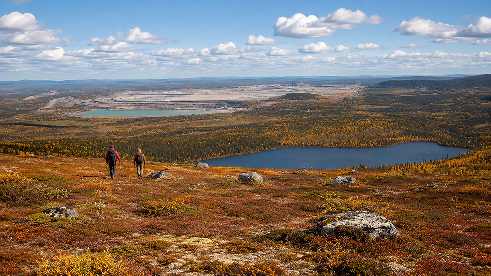 Vandrare på fjället med utsikt över Gällivare och de omgivande fjällen.