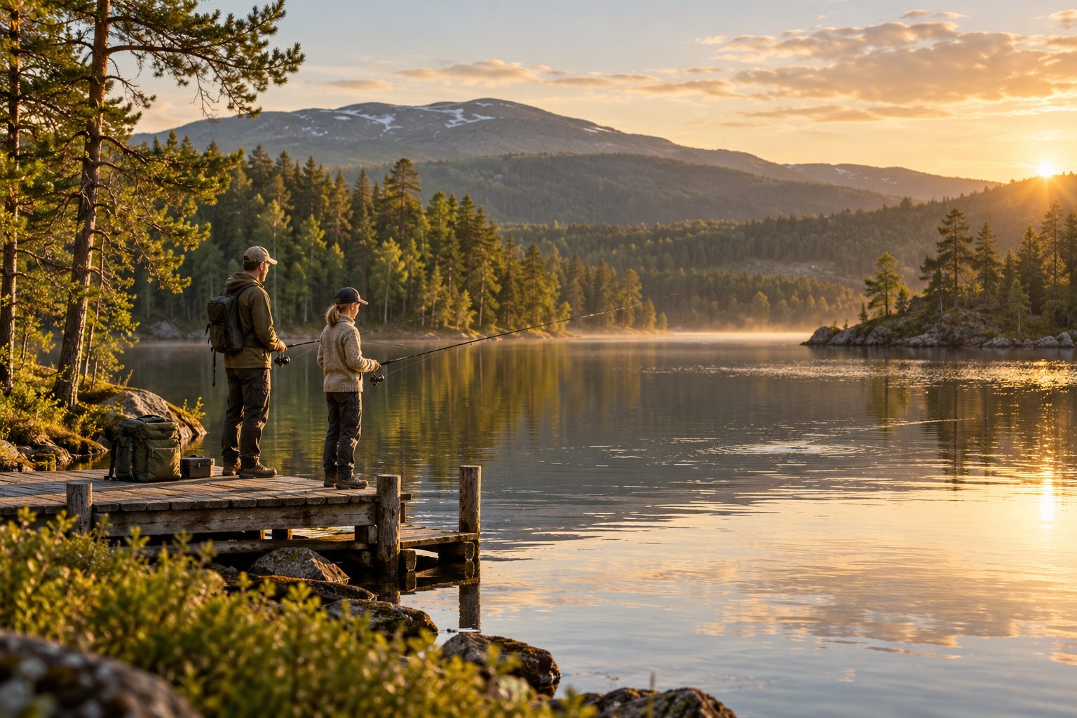 Illustration of family fishing from a pier beside a northern forest lake