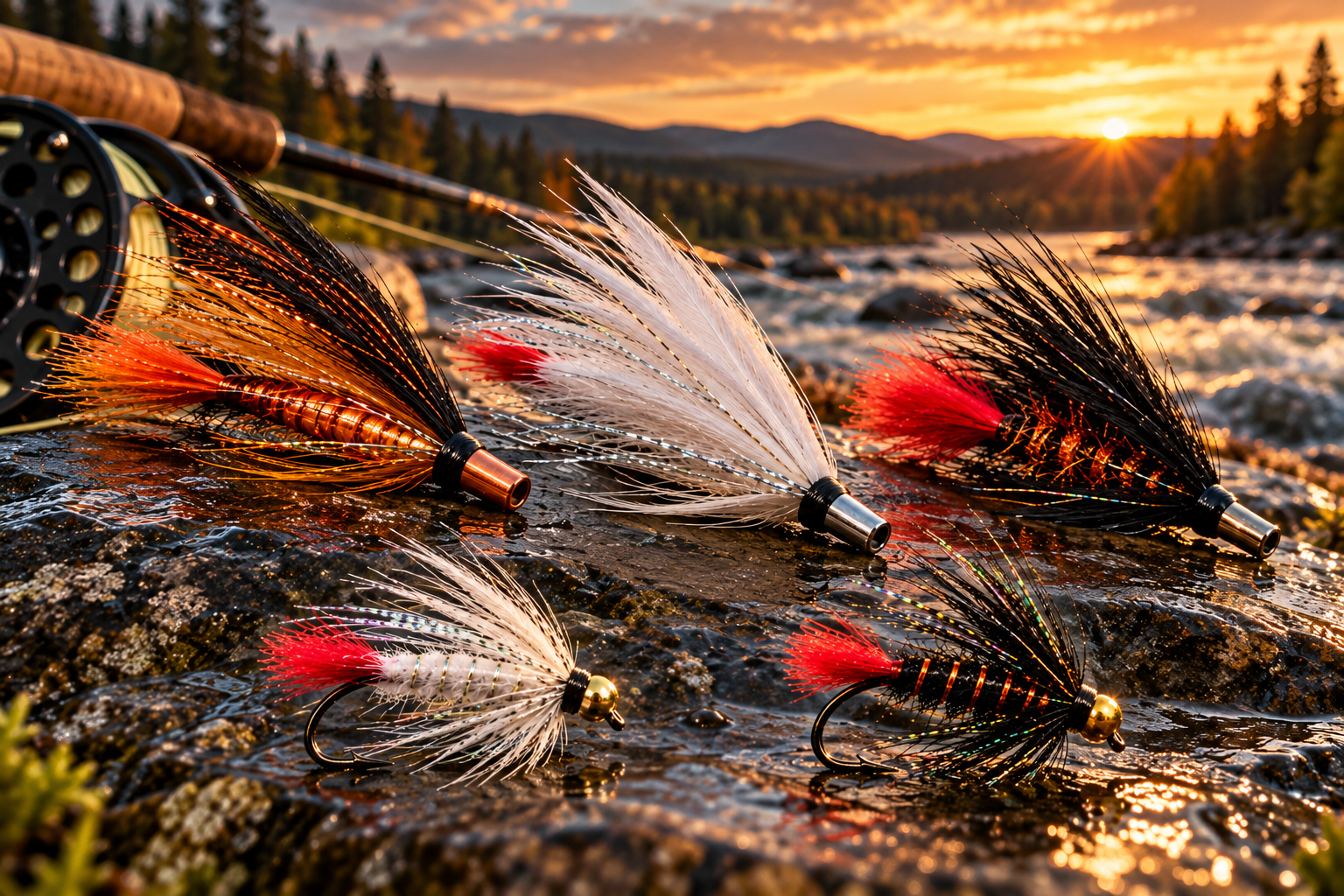 Three larger salmon tube flies, a White Zulu and a Black Zulu with a red tail beside a river at sunset