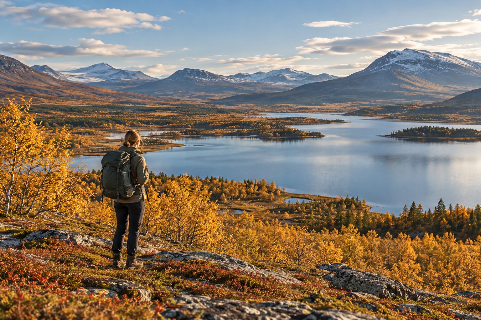 Illustration of a northern mountain lake with autumn birches and wide views