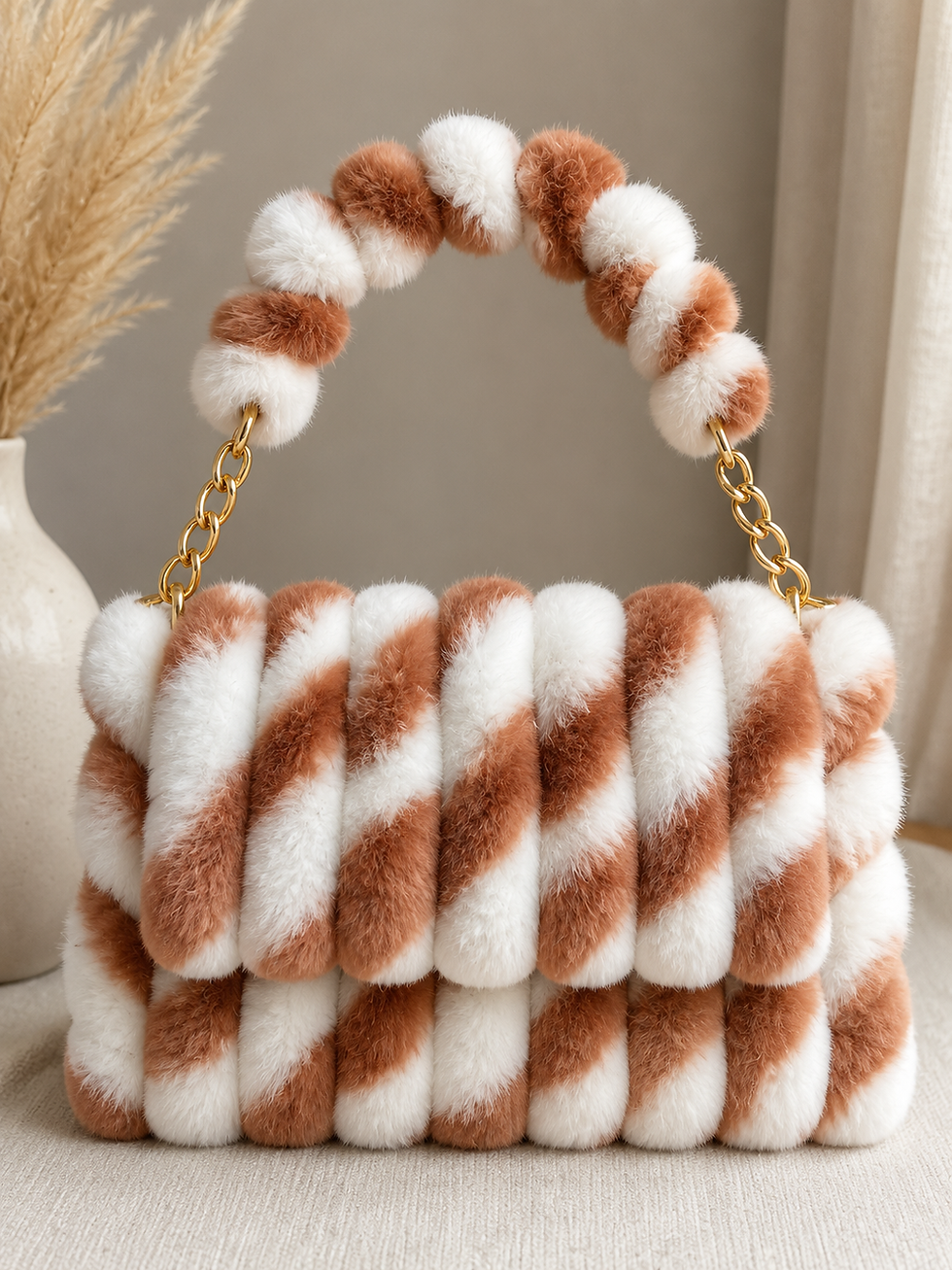 Thumbnail: Fluffy brown and white striped faux fur handbag