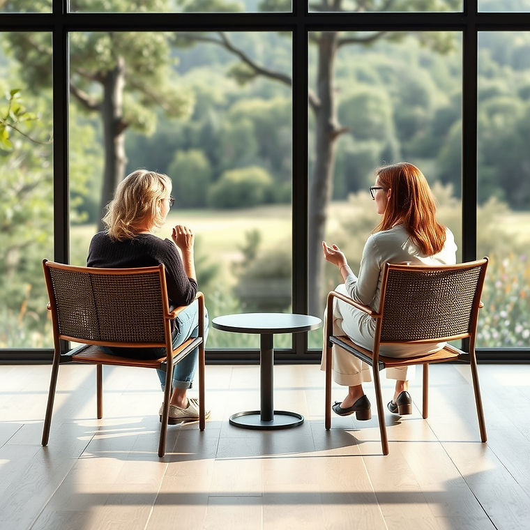 talking therapy with two women sat in chairs facing out at nature view.jpg