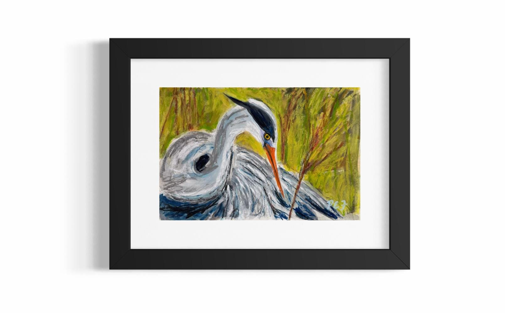 Framed Blue Heron Original Art: Acrylic Mixed Media Painting