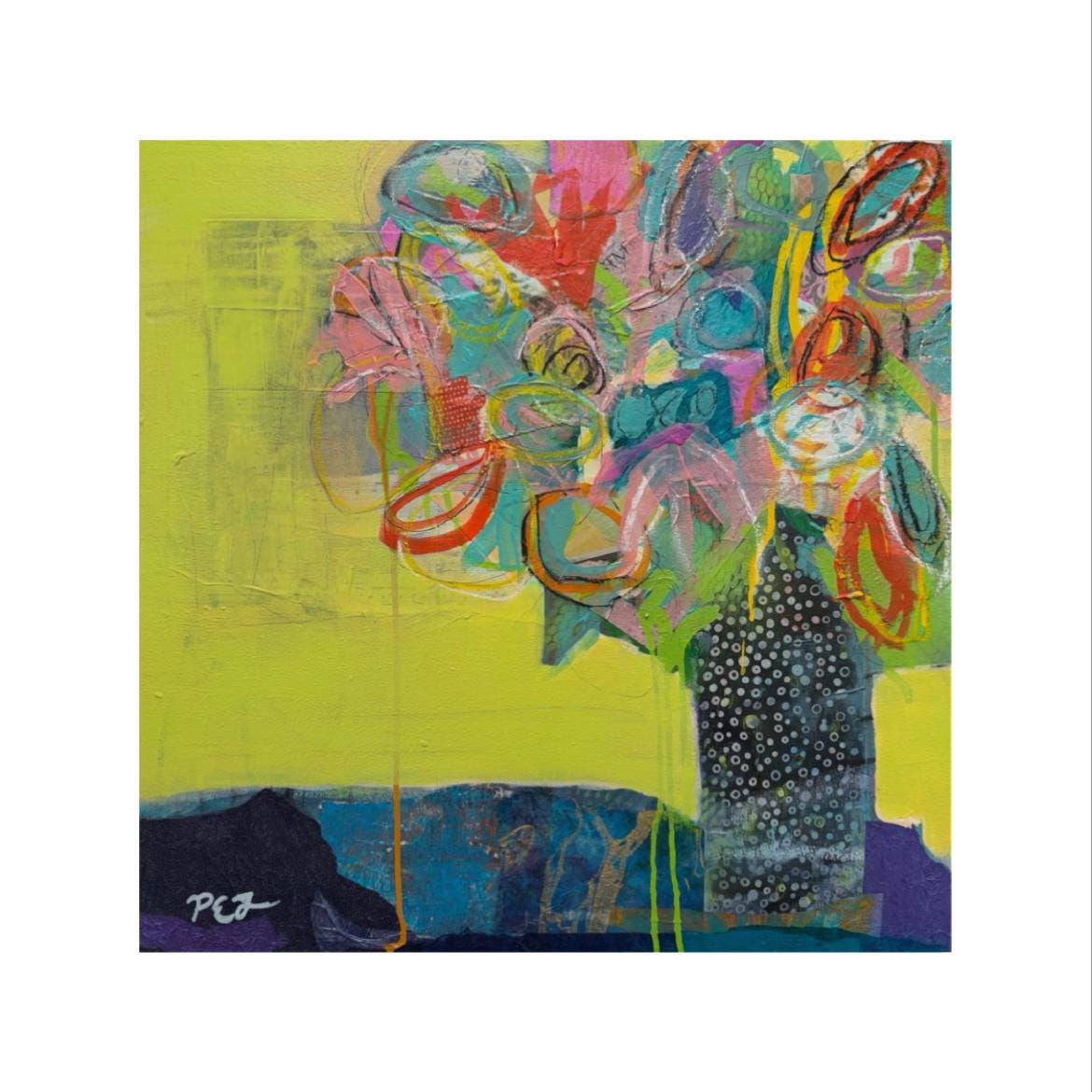 Original Flower Collage Wall Art, Mixed Media, Bold Colors (24"x24")