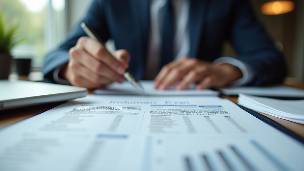Eye-level view of a person reviewing insurance documents at a desk