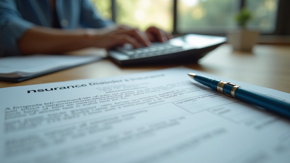 Close-up view of a calculator and insurance policy on a table