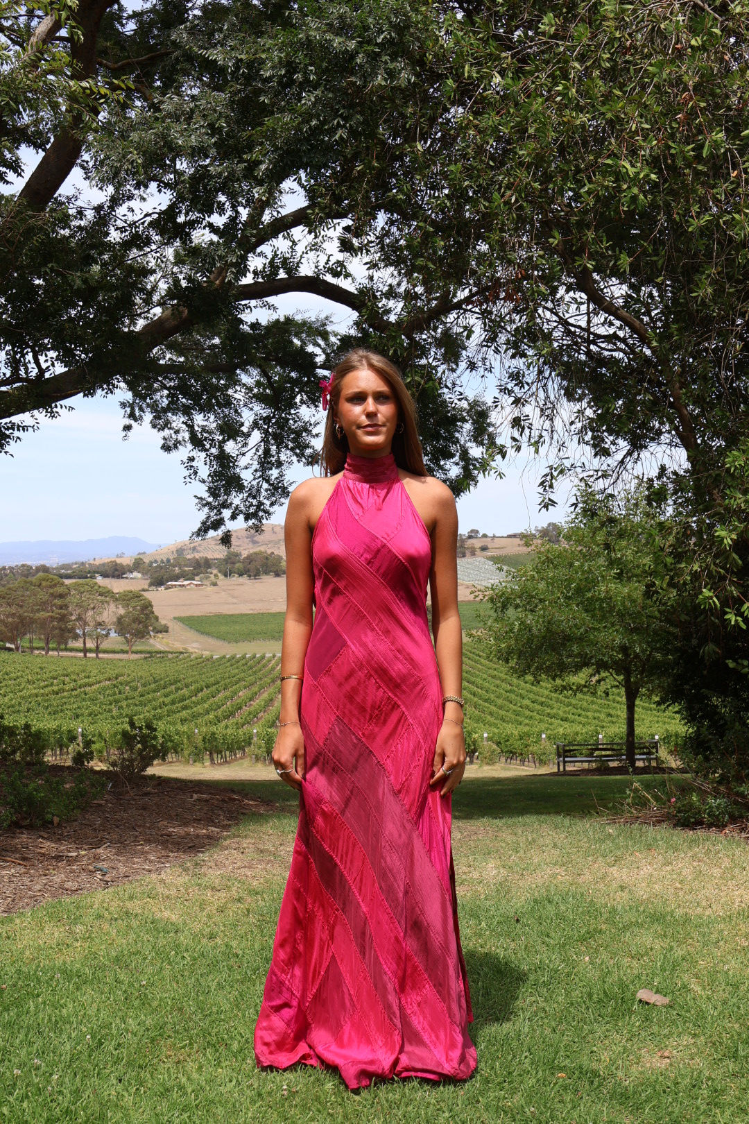 ODESSA PANELLED SILK BACKLESS GOWN - MAGENTA