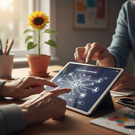 Tablet med AI-skärm på bord; två personer pekar, arbetsyta med solros i bakgrunden, varm atmosfär och kreativt samspel. Bilden är AI-genererad.