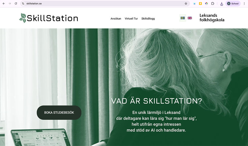 A screenshot of SkillStations new website. Two women are looking at a computer screen. The picture is tinted green.