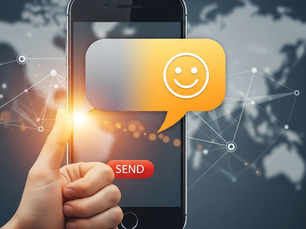 A mobile phone with a prominent send button on top of a map of the world in the background, a network of connected dots representing a message being transported. There is a hand in a "thumbs up" gesture and a smiley message indicated coming out from the telephone.