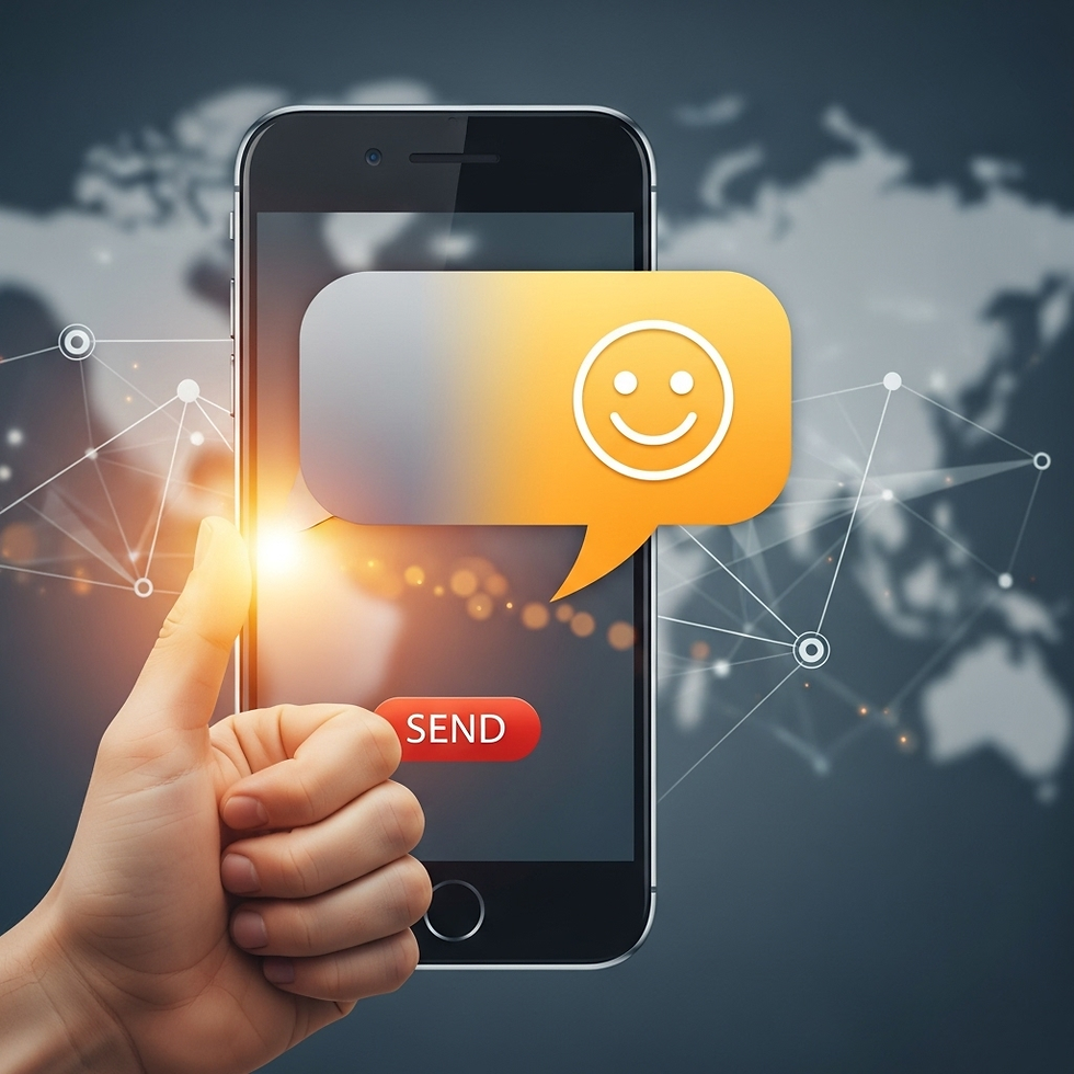 A mobile phone with a prominent send button on top of a map of the world in the background, a network of connected dots representing a message being transported. There is a hand in a "thumbs up" gesture and a smiley message indicated coming out from the telephone.