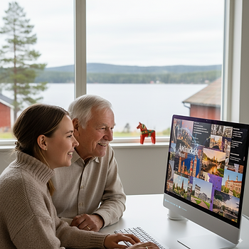 Två personer njuter av en gemensam stund framför datorn med vy över Siljan från fönstret. En röd Dalahäst syns på fönsterbrädan och förstärker den svenska landsbygdskänslan.