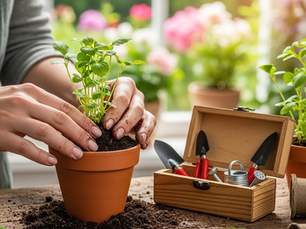 Someone is planting on a seedling to a larger pot in a light and airy greenhouse with miniature tools in a box to the right.