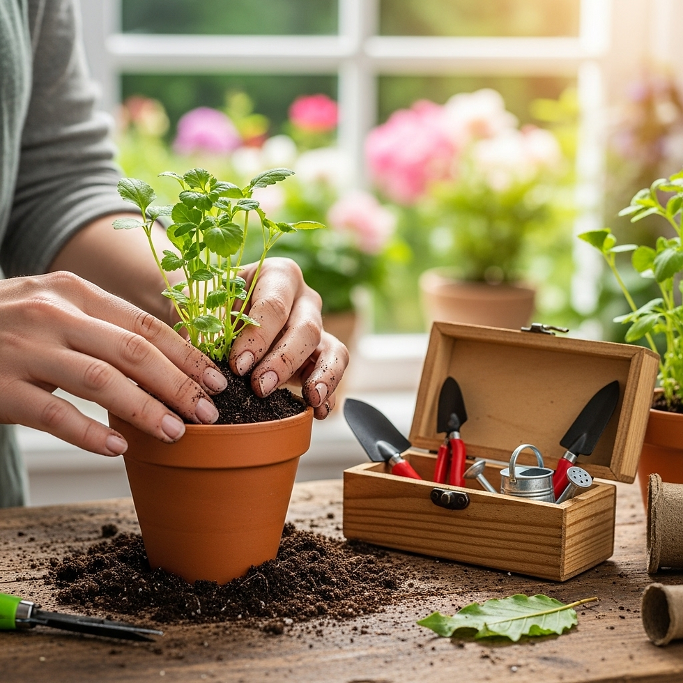 Someone is planting on a seedling to a larger pot in a light and airy greenhouse with miniature tools in a box to the right.