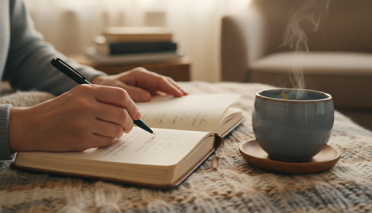 Close-up view of hands holding a pen over a journal beside a cup of tea