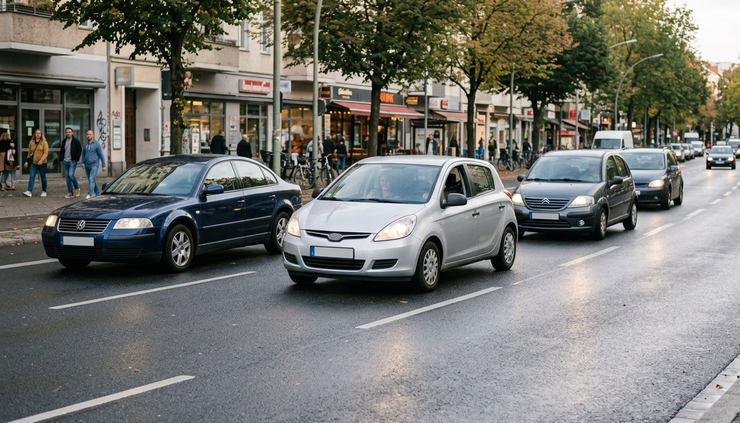 Eye-level view of cars spaced safely apart on a city street