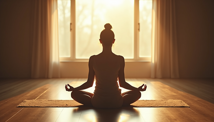 Eye-level view of a person sitting cross-legged on a wooden floor meditating in a sunlit room