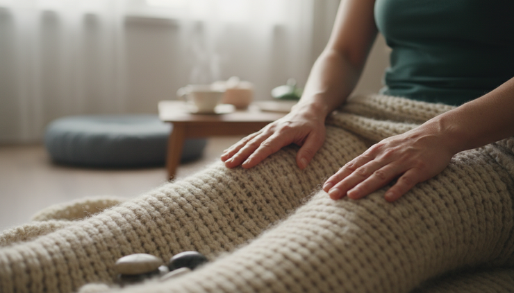 Close-up view of hands resting on knees during a grounding exercise.