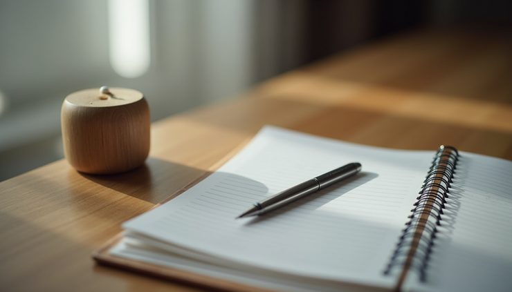 Close-up view of a journal and pen on a wooden table