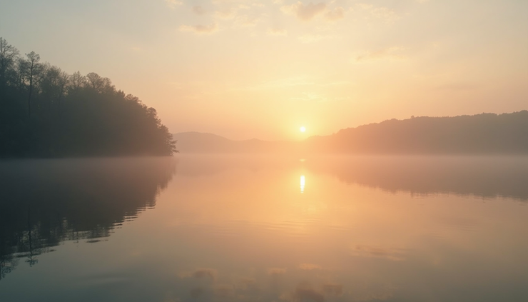 Eye-level view of a calm lake reflecting soft morning light