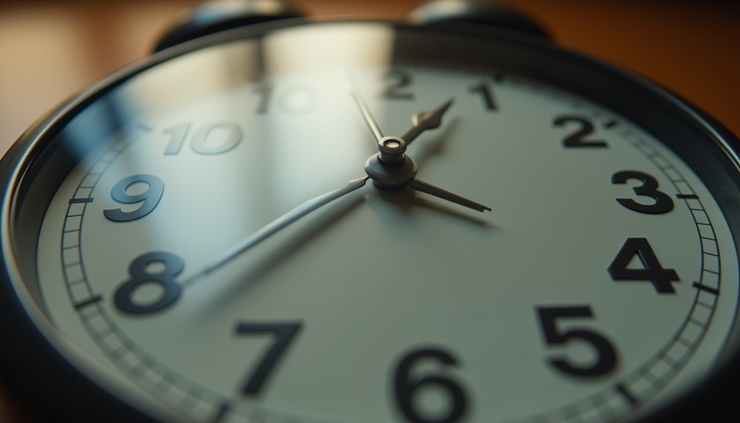 Close-up view of a clock with soft natural light highlighting the passing time