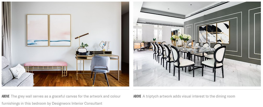 For a long corridor, stairwell or a huge room, a gallery wall is perfect to add that personal touch in any home, says Terri Tan, design director of Designworx Interior Consultant. To prevent mould forming on artworks or photographs in our humid climate, they should be framed with acid-free boards and covered with clear glass. A good alternative is to opt for oil paintings as these withstand humidity well.