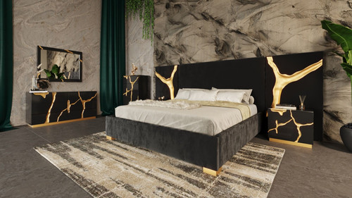 Queen Modern Black & Gold Bed + 2 Nightstands | Millennial Furniture