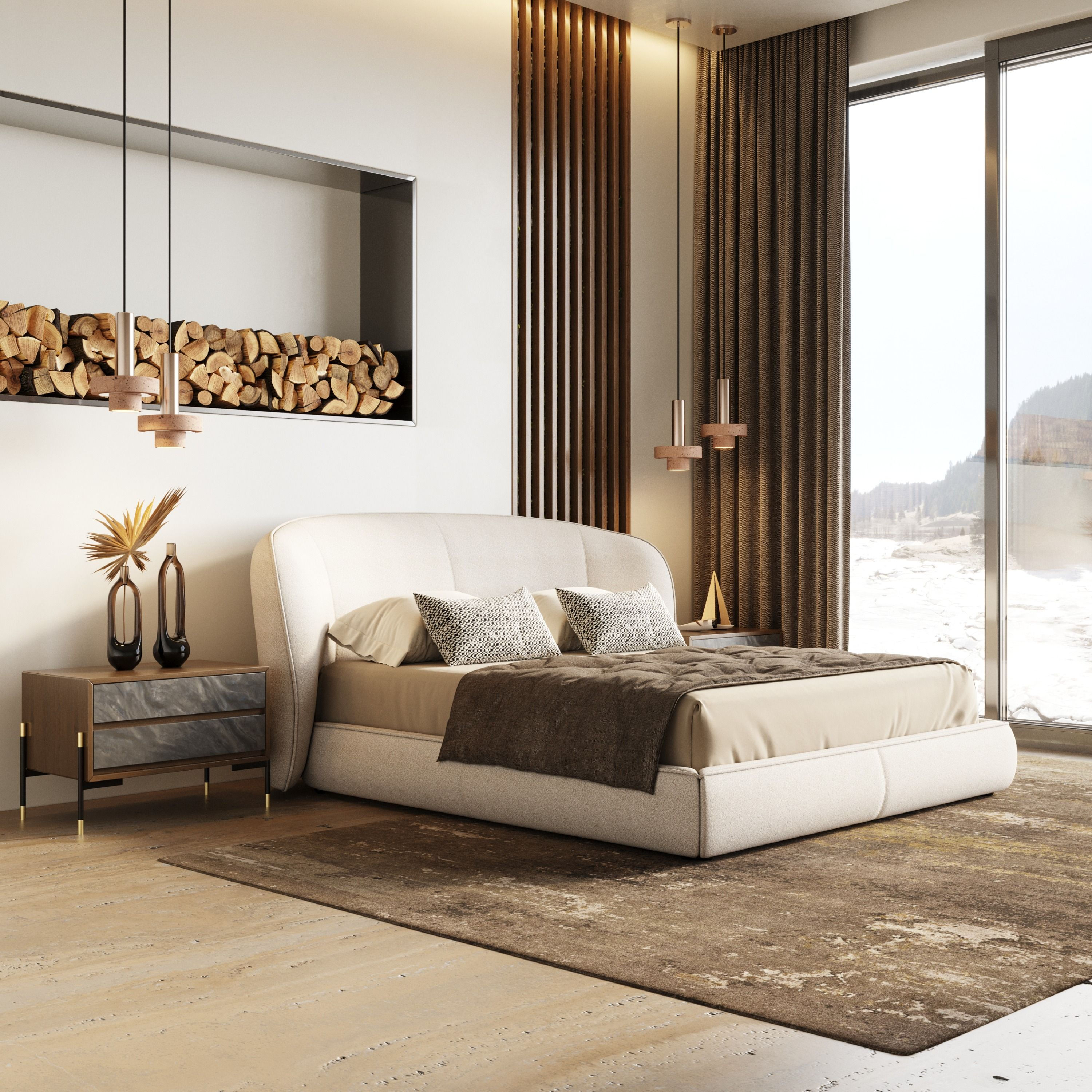 Queen Modern Beige Fabric Upholstered Bed