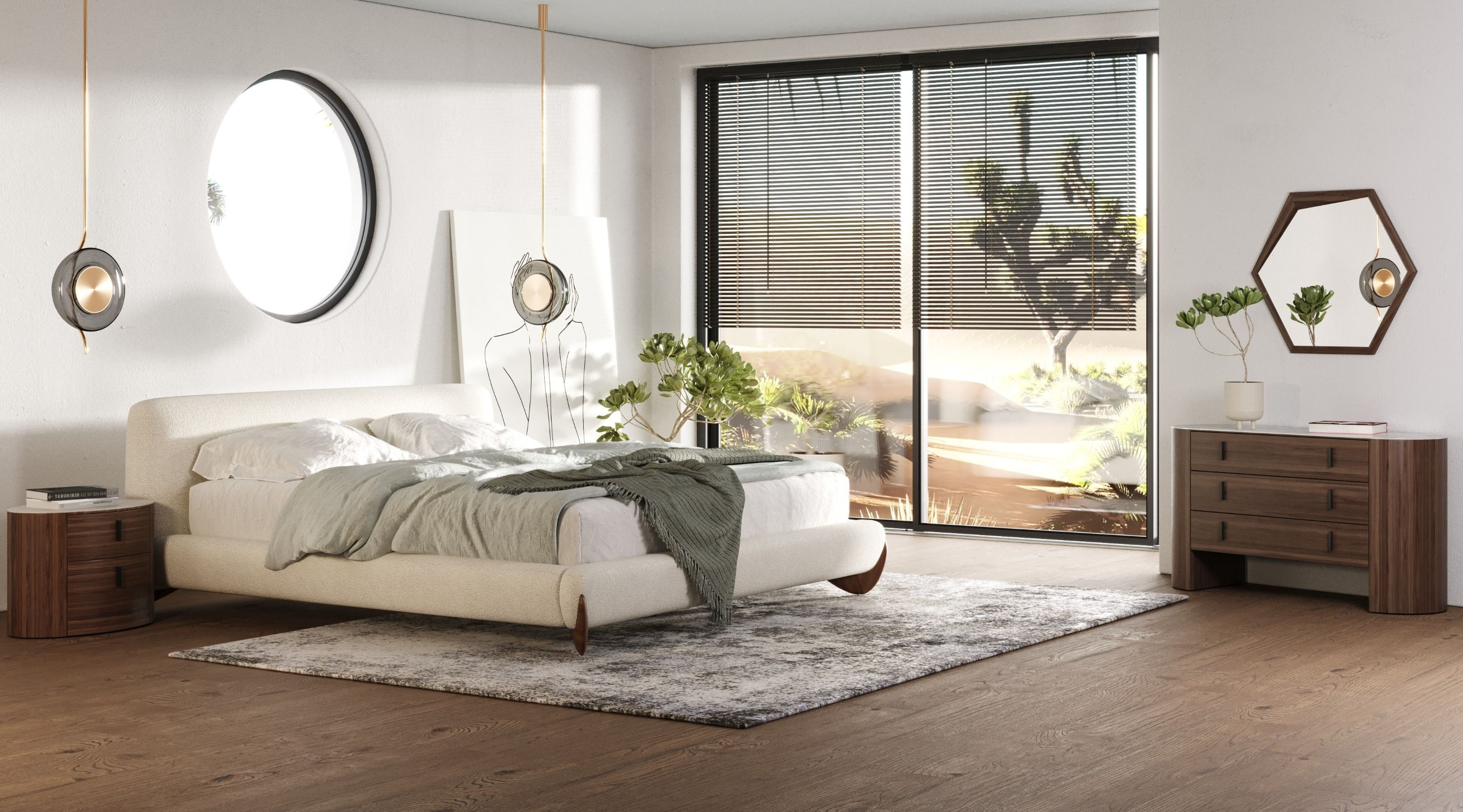 Queen Cream Fabric and Walnut Bedroom Set