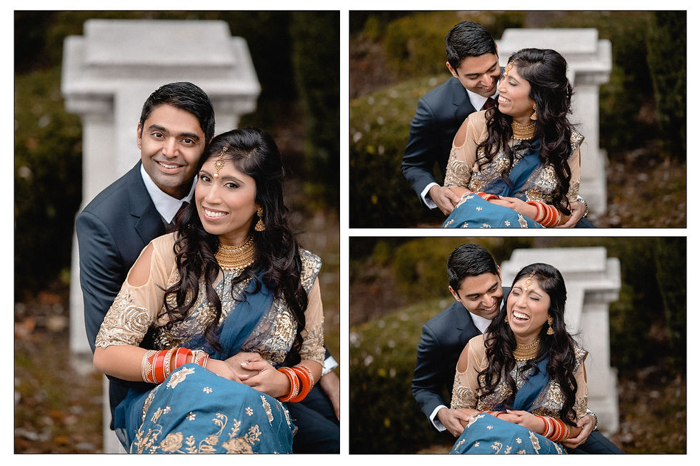 bride and groom sit on the ledge as they joke around