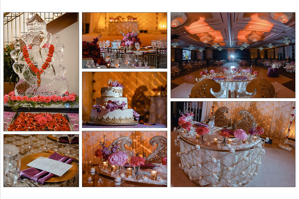 detail shots of cake, table settings and reception hall
