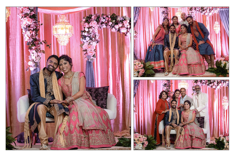 newlyweds portraits against a pink themed decor in a collage